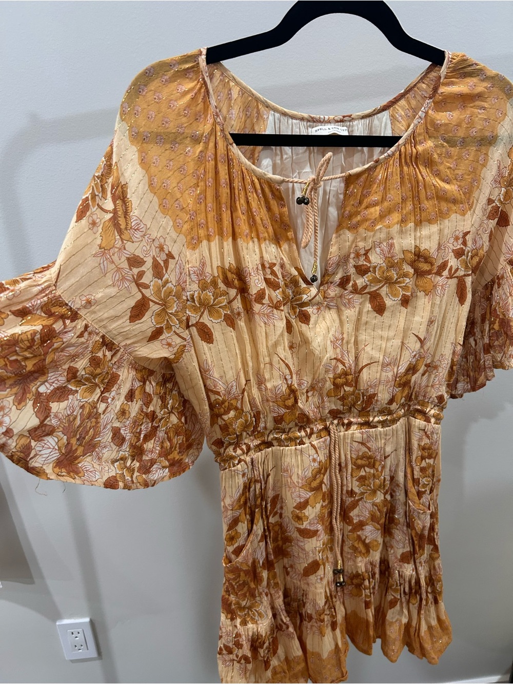 Spell & The Gypsy Ophelia Mini Dress Mustard Floral Metallic Stripe Size M - Picture 10 of 10